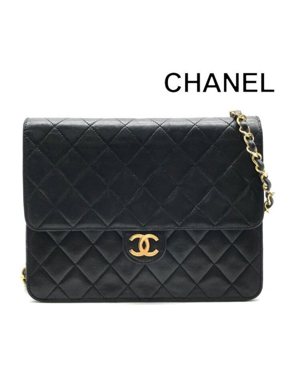 Chanel CC Logo Quilted Lambskin Chain Shoulder Bag Black Push Lock